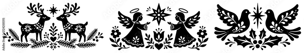 Fototapeta premium Christmas folk art motifs with reindeer angels and birds in silhouette style