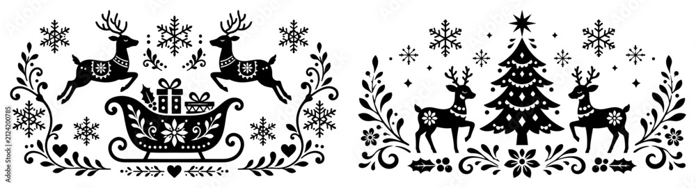Fototapeta premium Christmas sleigh with reindeer and decorated pine trees in traditional folk art silhouette style