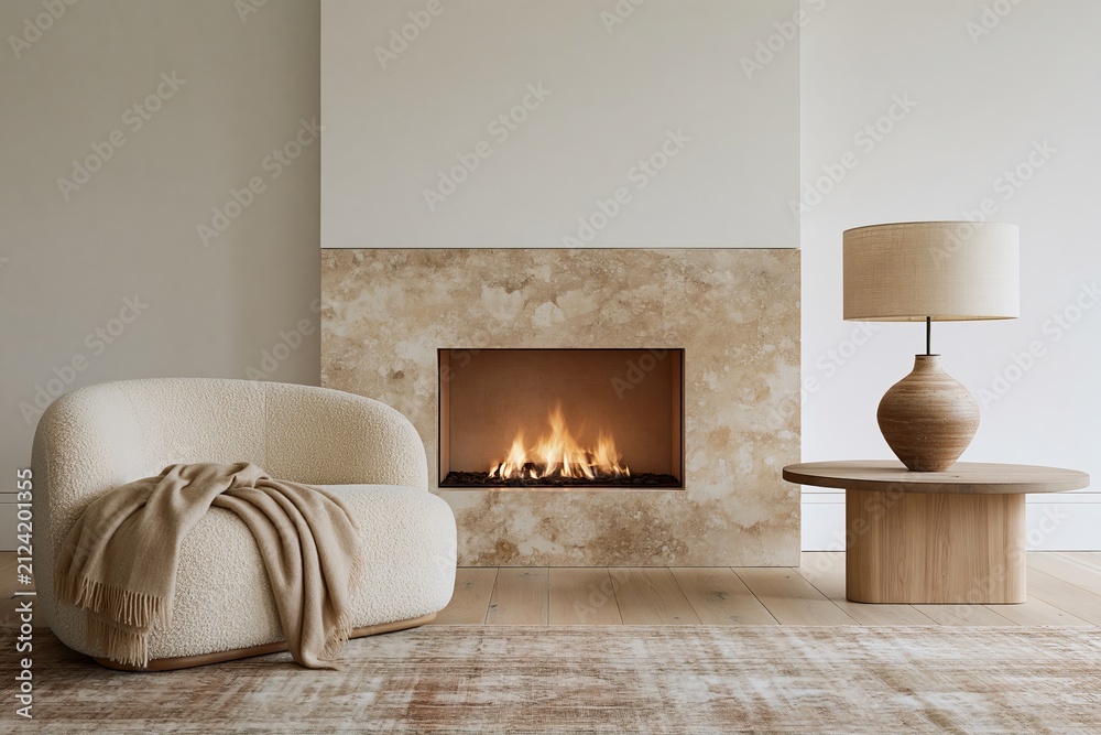 Fototapeta premium Cozy living room featuring a modern fireplace with a simple honed travertine surround, a plush armchair, and a stylish lamp on a wooden side table
