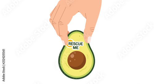 Hand Holding Half Avocado with Rescue Me Label - Food Waste and Sustainability Concept Illustration