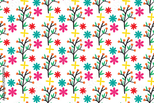 Cute Seamless Floral Pattern with Colorful Wildflowers and Botanical Branches