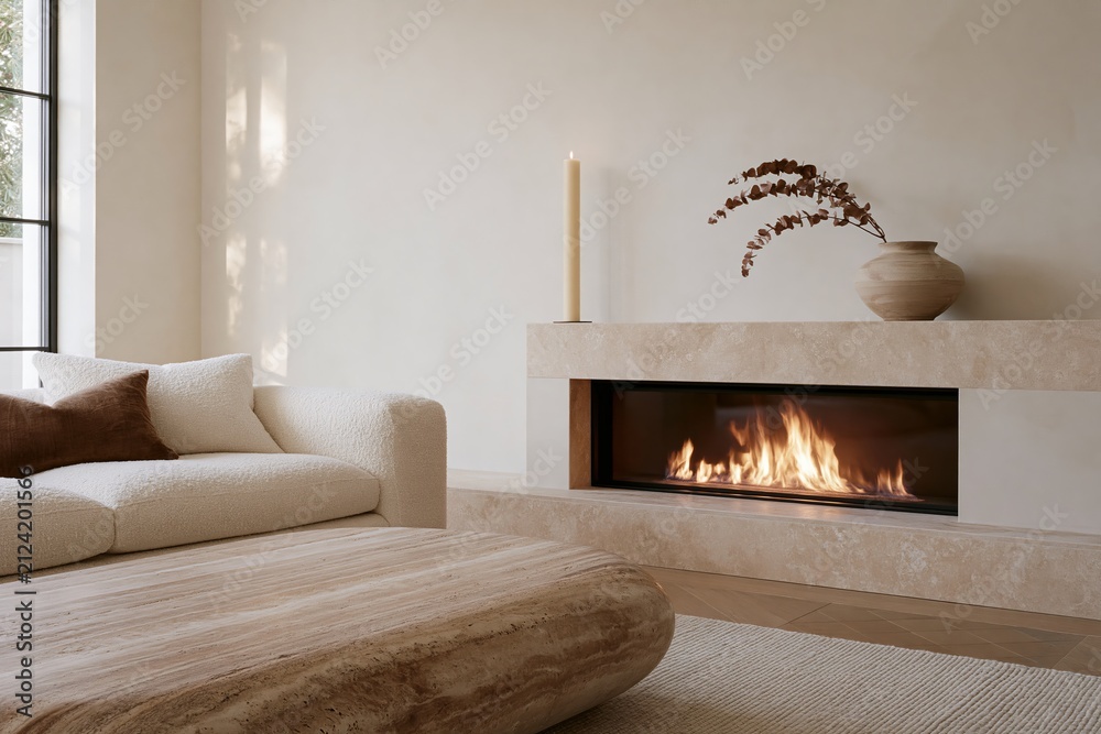 Fototapeta premium Modern quiet luxury living room featuring a minimalist fireplace, cozy sofa with cushions, and a decorative vase on a wooden coffee table