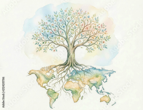 Symbolic Tree of Life with World Map Roots Representing Global Unity and Environmental Connection
