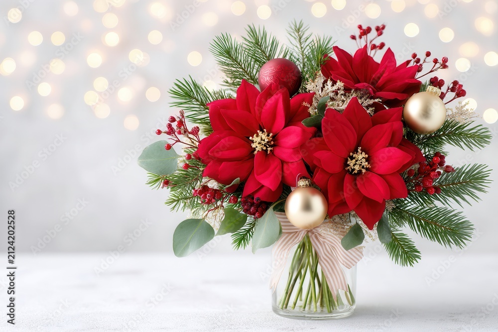 Obraz premium Christmas poinsettia arrangement in glass vase
