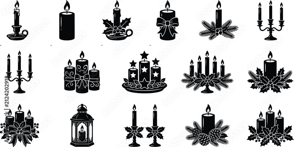 Naklejka premium Set of black silhouette icons representing various christmas candles and festive holiday decorations on white background