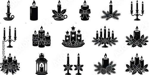 Set of black silhouette icons representing various christmas candles and festive holiday decorations on white background