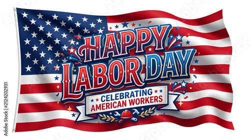 Happy Labor Day banner with waving American flag, celebrating American workers typography, patriotic holiday greeting graphic on white background