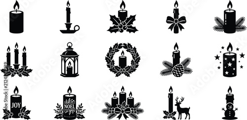 Set of hand drawn candle icons featuring festive holiday decorations and winter seasonal elements in black and white