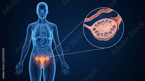 3D Medical Illustration of Polycystic Ovary Syndrome (PCOS) in the Female Reproductive System