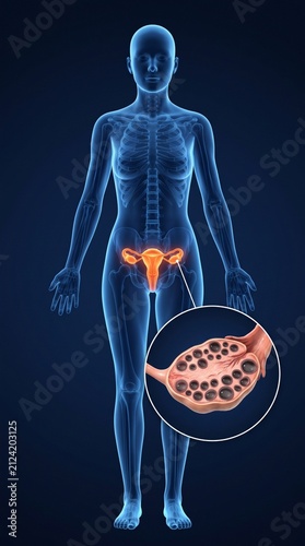 3D Medical Illustration of Polycystic Ovary Syndrome PCOS with Anatomical Detail of Ovarian Cysts