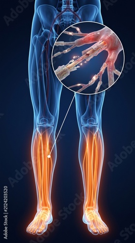 3D Medical Illustration of Peripheral Nerve Damage in the Leg showing Demyelination and Microscopic Nerve Fiber Injury