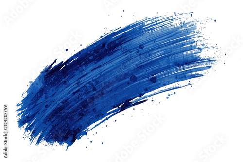 Wide curved blue paint brush stroke with scattered splatters
