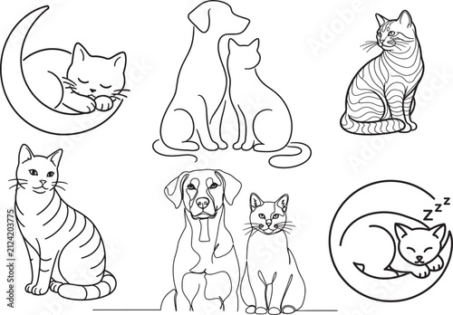 Cute Cat And Dog Outline Illustration Set With Sleeping Pet Icons