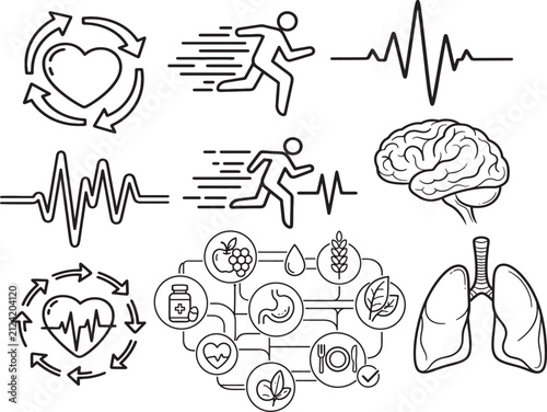 Healthcare Medical Wellness Line Icons Collection Featuring Heart Brain Lungs And Fitness