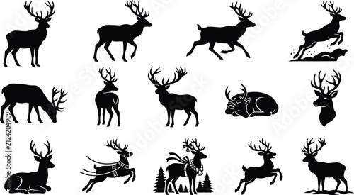 Set of black silhouettes of deer in various poses and actions isolated on a white background