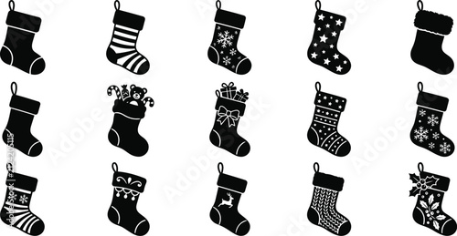 Set of fifteen isometric black and white christmas stocking icons for holiday design and festive winter decoration