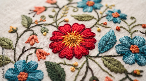 Close-up of intricate floral embroidery with red, blue, and orange flowers and green leaves on a textured fabric background.