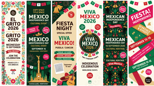 Mexico Independence Day vertical banner set, El Grito and Viva Mexico festive celebration flyers, Mexican cultural event promotional posters with flags
