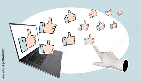 Creative collage-style storyboard featuring social media feedback, like and dislike icons, digital communication, online voting, and user interaction across multiple devices in a modern flat illustrat