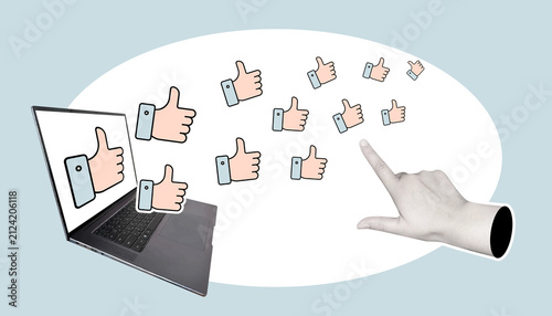 Creative collage-style storyboard featuring social media feedback, like and dislike icons, digital communication, online voting, and user interaction across multiple devices in a modern flat illustrat