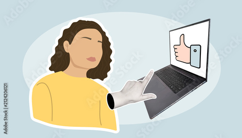 Creative collage-style storyboard featuring social media feedback, like and dislike icons, digital communication, online voting, and user interaction across multiple devices in a modern flat illustrat