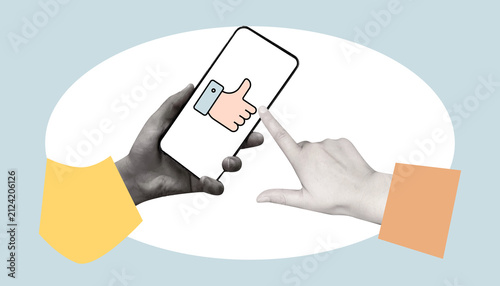 Creative collage-style storyboard featuring social media feedback, like and dislike icons, digital communication, online voting, and user interaction across multiple devices in a modern flat illustrat