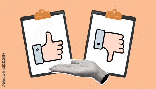 Creative collage-style storyboard featuring social media feedback, like and dislike icons, digital communication, online voting, and user interaction across multiple devices in a modern flat illustrat