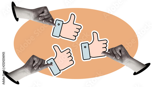 Creative collage-style storyboard featuring social media feedback, like and dislike icons, digital communication, online voting, and user interaction across multiple devices in a modern flat illustrat
