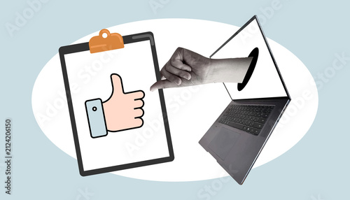 Creative collage-style storyboard featuring social media feedback, like and dislike icons, digital communication, online voting, and user interaction across multiple devices in a modern flat illustrat