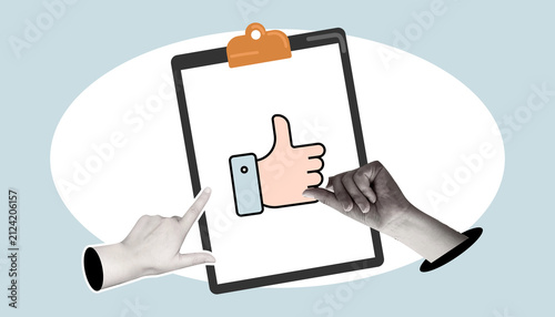 Creative collage-style storyboard featuring social media feedback, like and dislike icons, digital communication, online voting, and user interaction across multiple devices in a modern flat illustrat