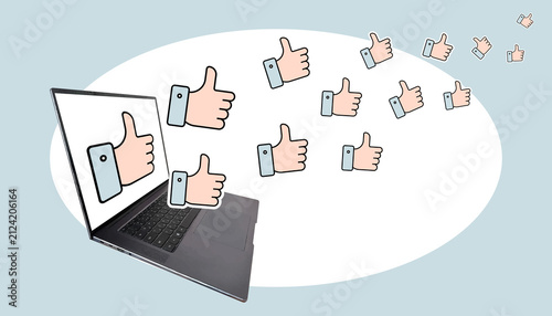 Creative collage-style storyboard featuring social media feedback, like and dislike icons, digital communication, online voting, and user interaction across multiple devices in a modern flat illustrat