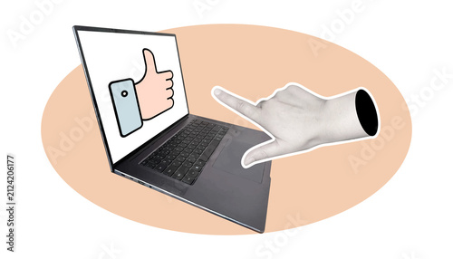 Creative collage-style storyboard featuring social media feedback, like and dislike icons, digital communication, online voting, and user interaction across multiple devices in a modern flat illustrat