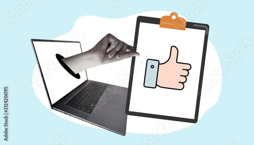 Creative collage-style storyboard featuring social media feedback, like and dislike icons, digital communication, online voting, and user interaction across multiple devices in a modern flat illustrat