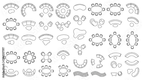 Curved Lounge Seating and Organic Meeting Tables CAD Blocks Top View Vector Set