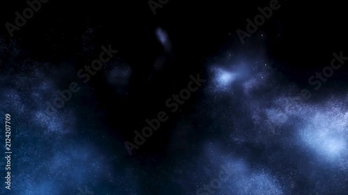 Abstract cosmic blue nebulae and glowing dust particles moving through deep space against black background creating immersive cinematic motion background.