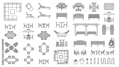 Outdoor Furniture CAD Blocks Top View and Elevation Monoline Vector Collection