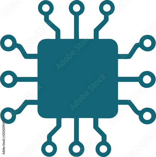Teal computer chip with square center and twelve connecting lines ending in circles, flat on white background