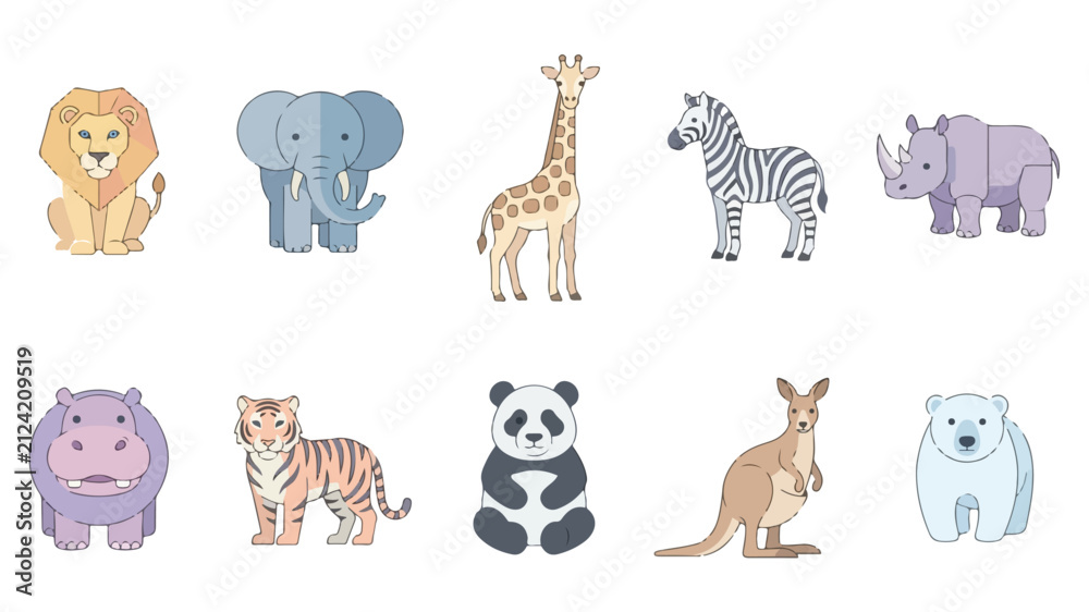 Obraz premium Modern Flat Vector Wild Animals Collection