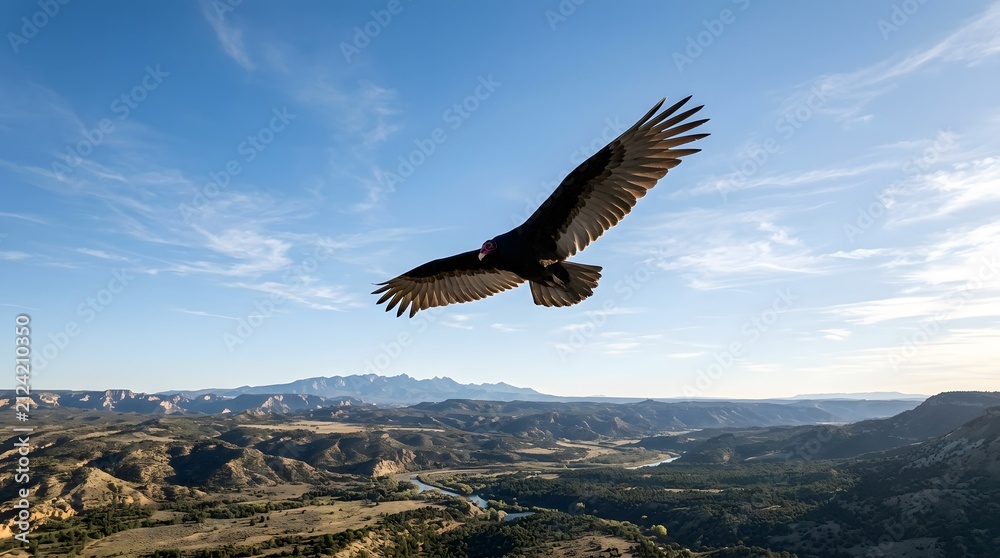Naklejka premium Turkey vulture soaring high above a vast desert landscape under a clear blue sky perfect for turkey vulture day