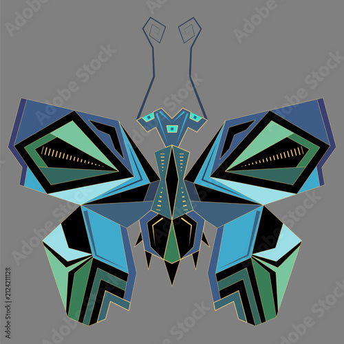 Stylized mechanical butterfly made in blue-green shades