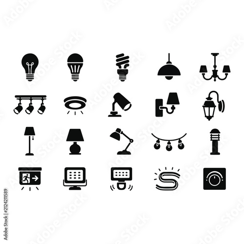 Lighting fixtures and electrical lamps icon set. Black vector silhouettes.