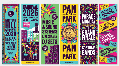 Vibrant Carnival 2026 vertical banner set, colorful Caribbean festival posters with dancers and music, street party event flyers with costume bands