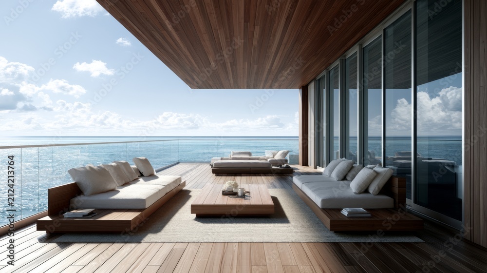 Fototapeta premium Modern outdoor patio design with wooden furniture and panoramic ocean view under a stylish roof, ideal for relaxation and luxury living spaces