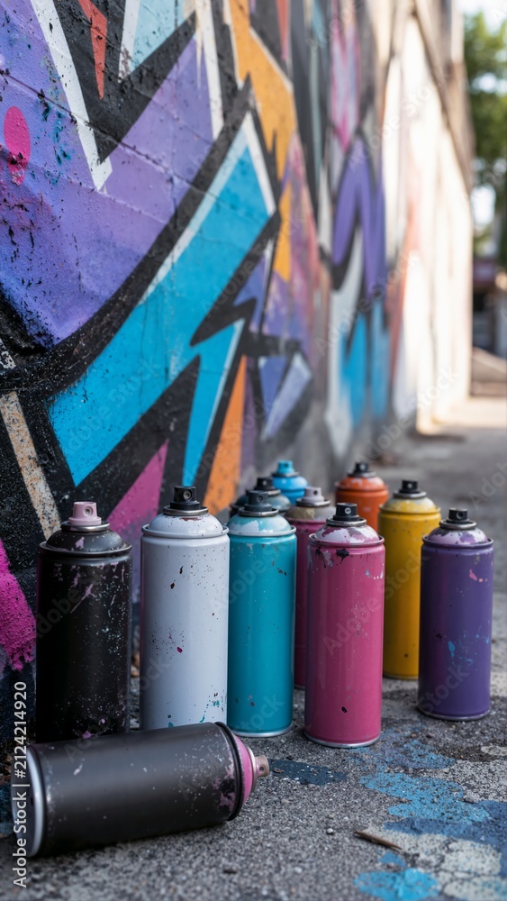 Naklejka premium Colorful spray paint cans lined up on the ground next to a graffiti wall. Aerosol cans for street art and creative hobbies. Vertical composition