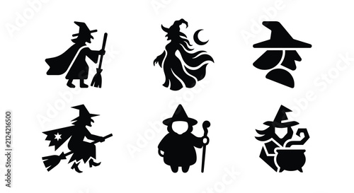 Obraz na płótnie Collection of witch silhouettes with broomsticks hats and cauldrons against a wh