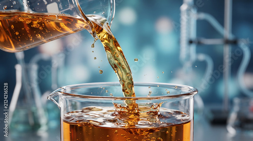 Golden yellow liquid pouring into a glass beaker creating detailed splash and bubbles in a laboratory with laboratory chemistry experiment research analysis chemical