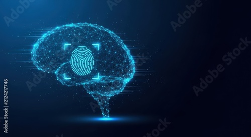 Digital brain with fingerprint overlay in blue light concept for security and intelligence