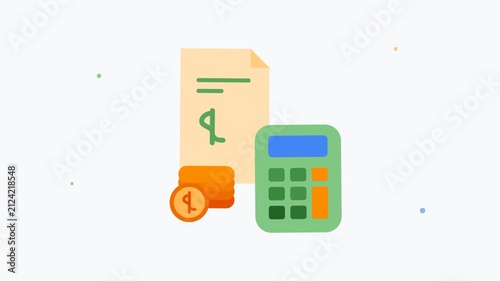 Financial calculator and money stack with document in flat design animation