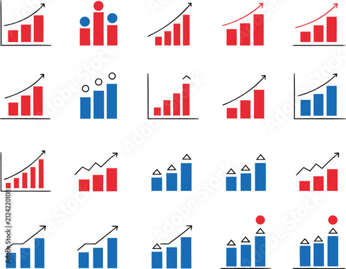 Collection of colorful bar graphs and charts with arrows showing growth and increase