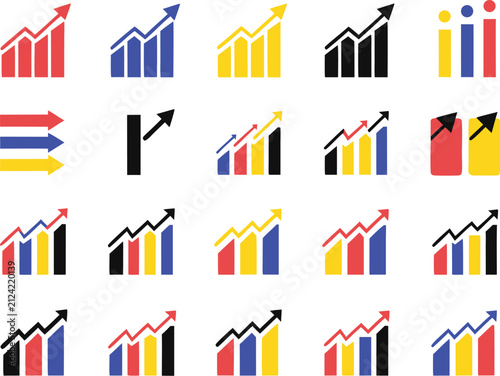 Colorful business graph icons with arrows showing growth and progress